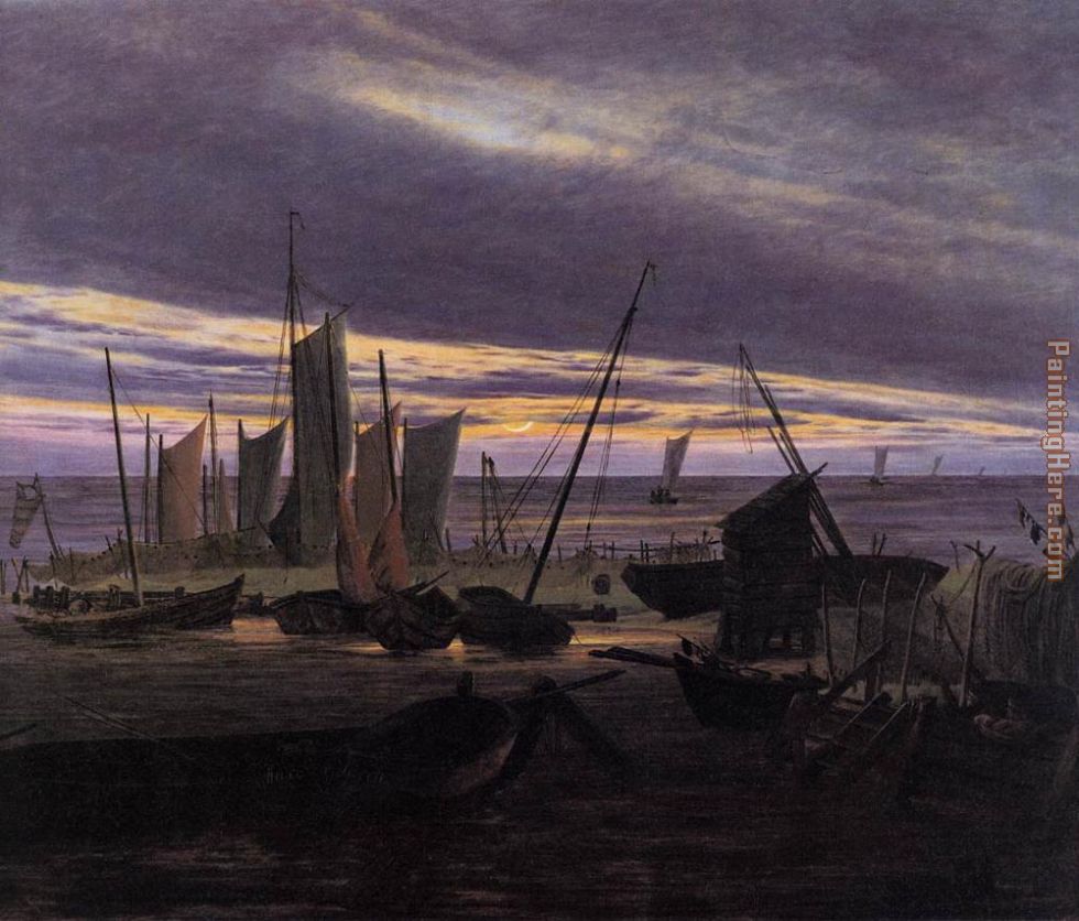 Boats in the Harbour at Evening painting - Caspar David Friedrich Boats in the Harbour at Evening art painting